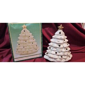 Holiday Collections Ceramic Christmas Tree Votive Holder #81342 White Gold Stars